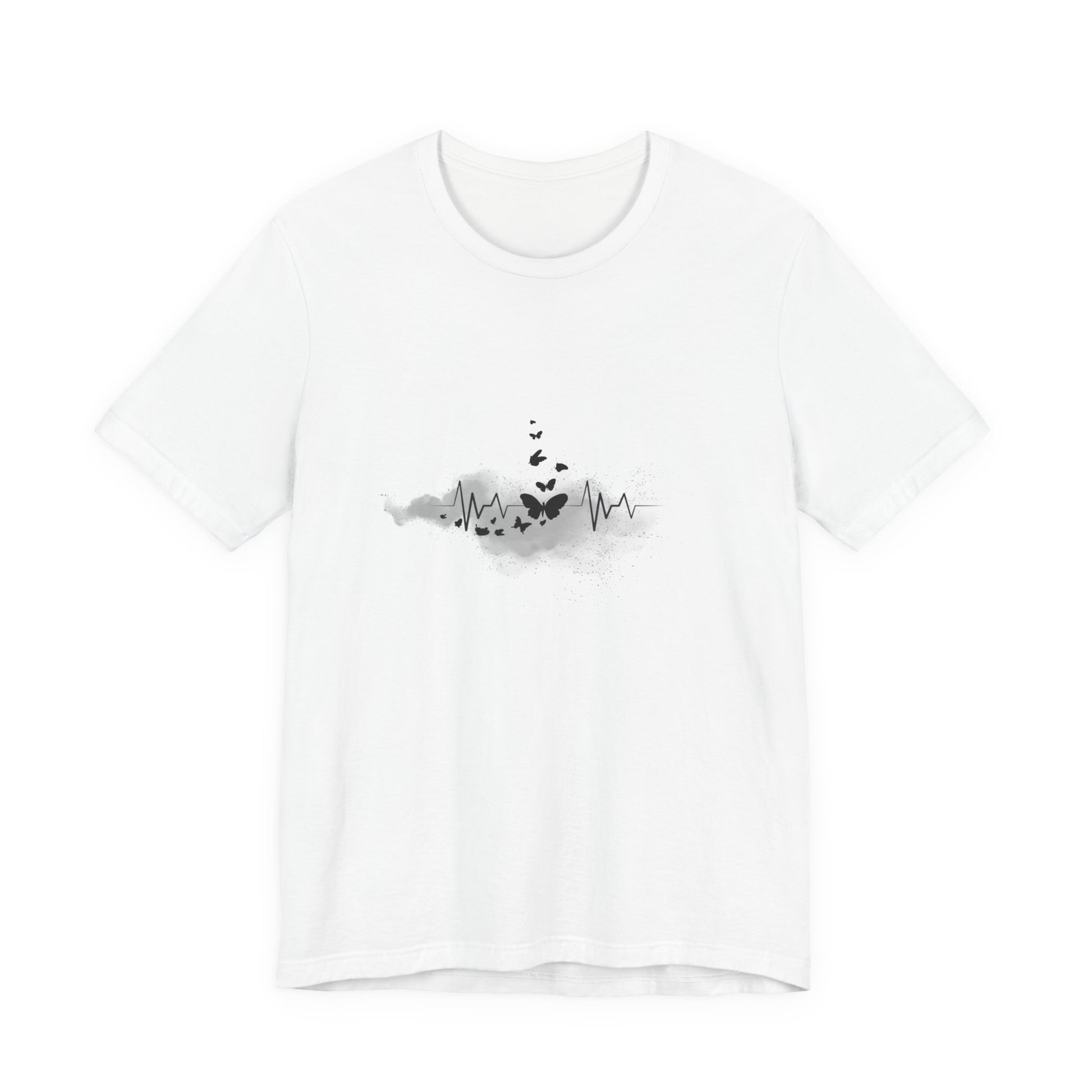 White t-shirt with a black and gray graphic design by Fibrio
