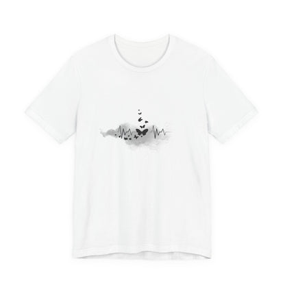 White t-shirt with a black and gray graphic design by Fibrio