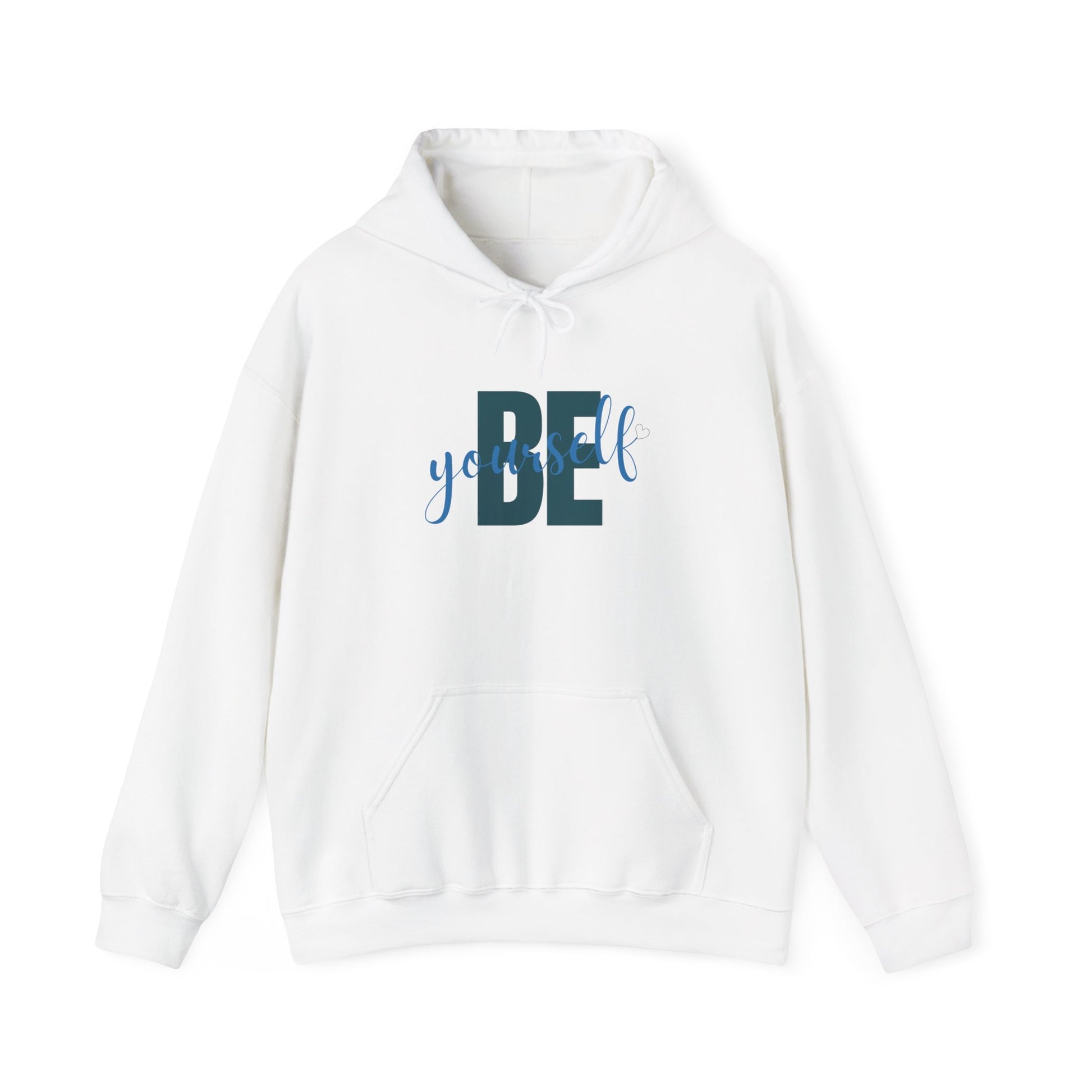 "FIBRIO Be Yourself Graphic Hoodie front view in white – unisex cotton polyester hoodie with bold inspirational Be Yourself print and relaxed fit."