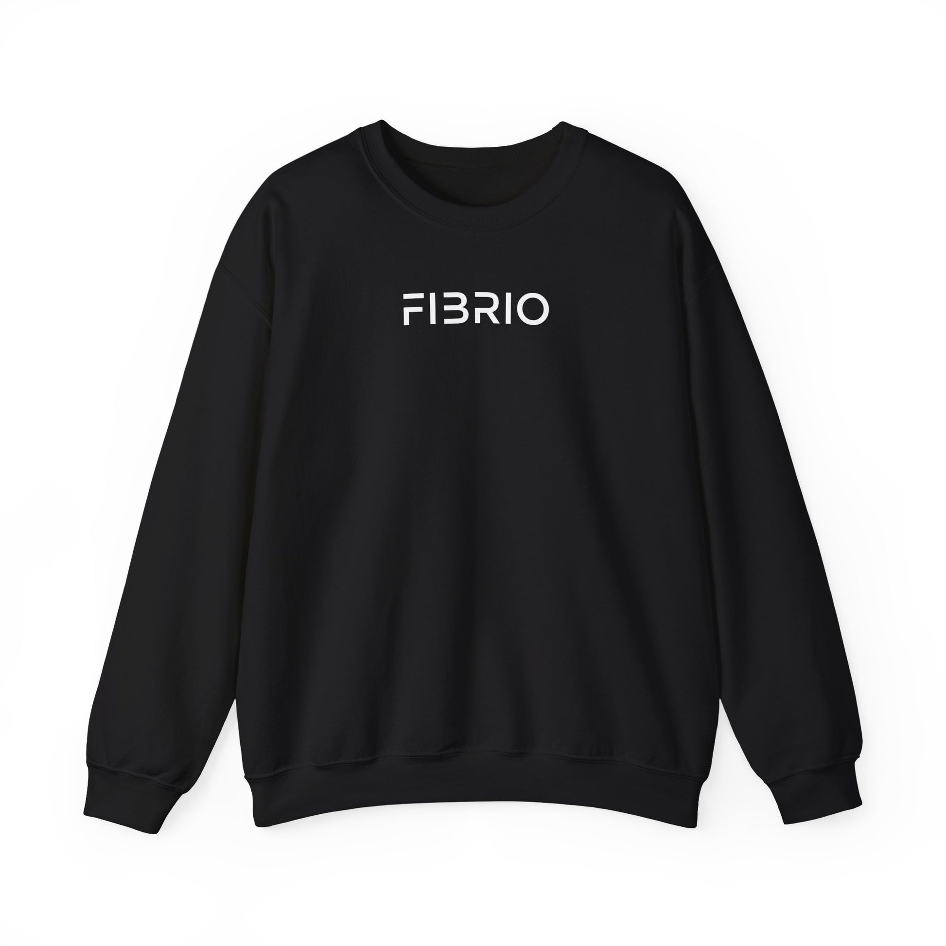 "FIBRIO Cloud Horizon Sweatshirt front view in black – unisex cotton polyester sweatshirt with minimalist FIBRIO logo and relaxed streetwear fit."