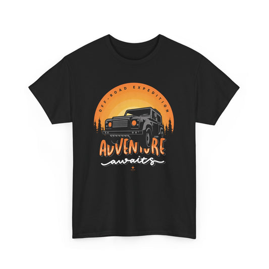 Front view black Adventure Awaits T-shirt with off-road vehicle and sunset graphic print