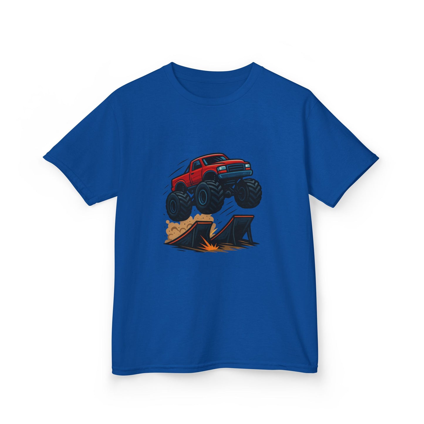 Blue t-shirt with a red monster truck graphic on a white background