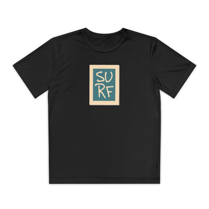 Boys’ black casual t-shirt with bold Surf text on the front – trendy summer tee by Fibrio
