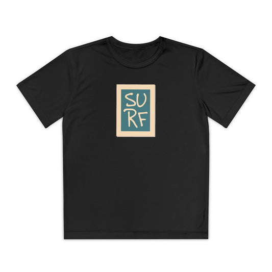 Boys’ black casual t-shirt with bold Surf text on the front – trendy summer tee by Fibrio
