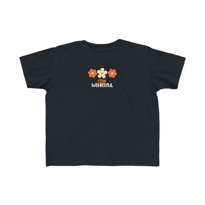 Black girls’ Stay Wonderful t-shirt with floral artwork and uplifting text on front – kids’ graphic tee by Fibrio
