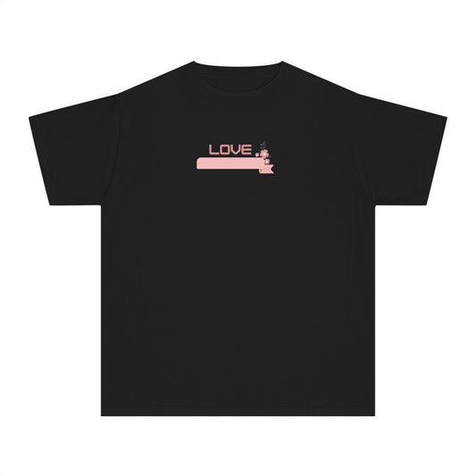 Girls’ black casual t-shirt with bold Love text and pink floral accents – playful kids’ tee by Fibrio