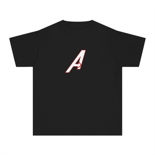 Boys’ black casual t-shirt with bold ‘A’ graphic – minimal kids’ tee by Fibrio