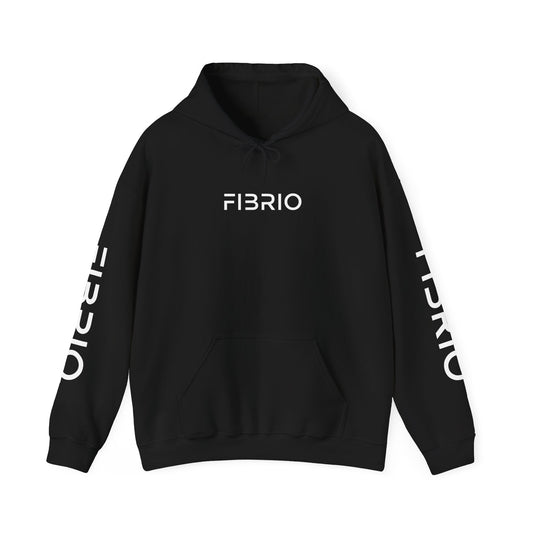 Black hoodie with 'FIBRIO' branding on a white background