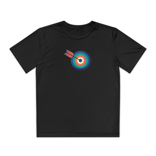 Front view of boys’ black t-shirt with red and blue archery target graphic – sporty casual tee by Fibrio