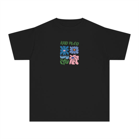 Girls’ black casual t-shirt with Kind Mood text and vibrant floral artwork – cheerful kids’ tee by Fibrio