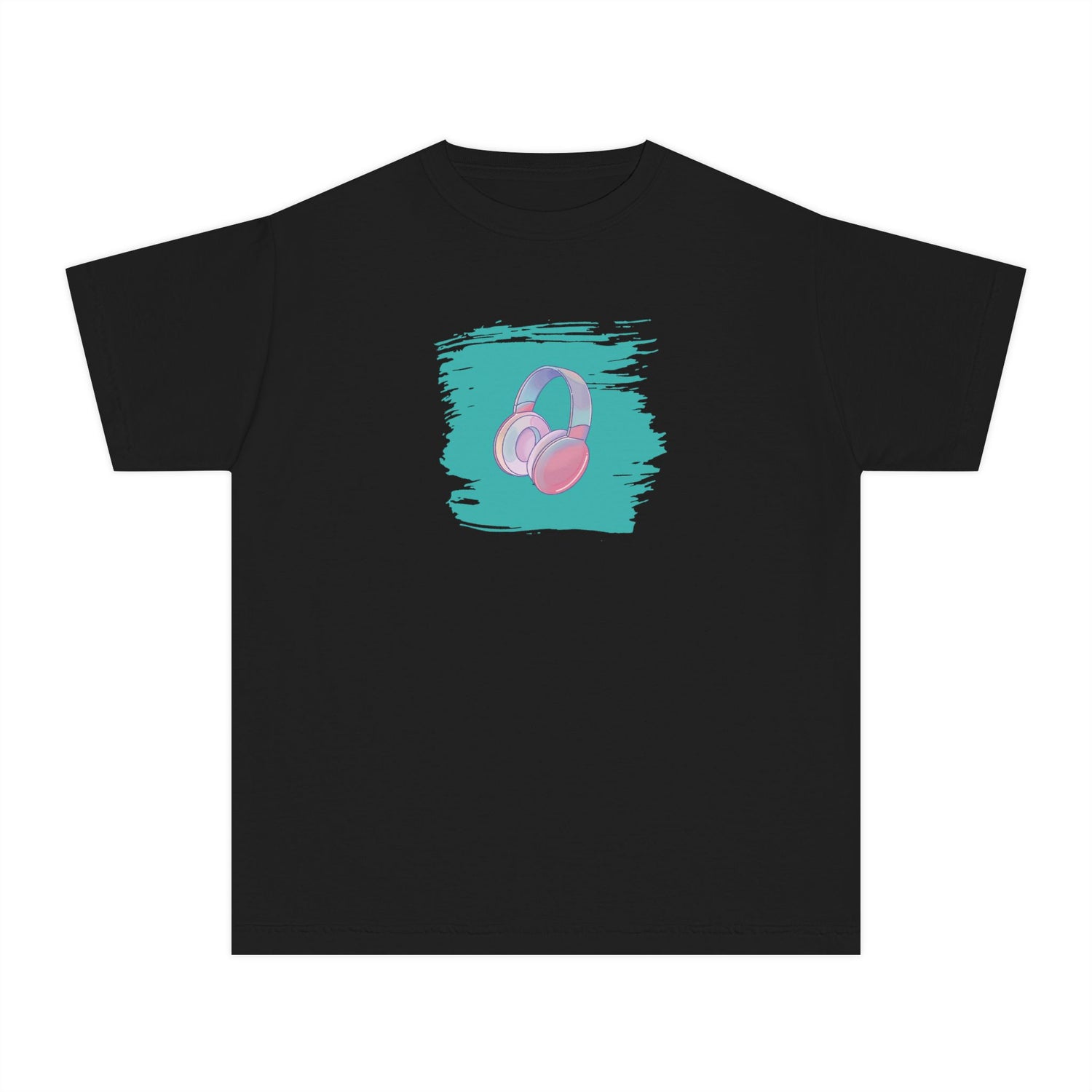 Girls’ black casual t-shirt with colorful headphones graphic – music kids’ tee by Fibrio