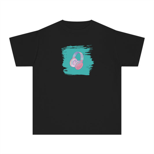 Girls’ black casual t-shirt with colorful headphones graphic – music kids’ tee by Fibrio
