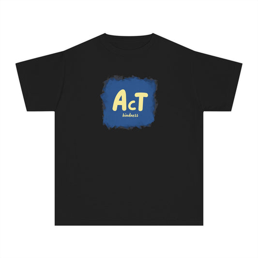 Girls’ black casual t-shirt with Act with Kindness text graphic – positive kids’ tee by Fibrio
