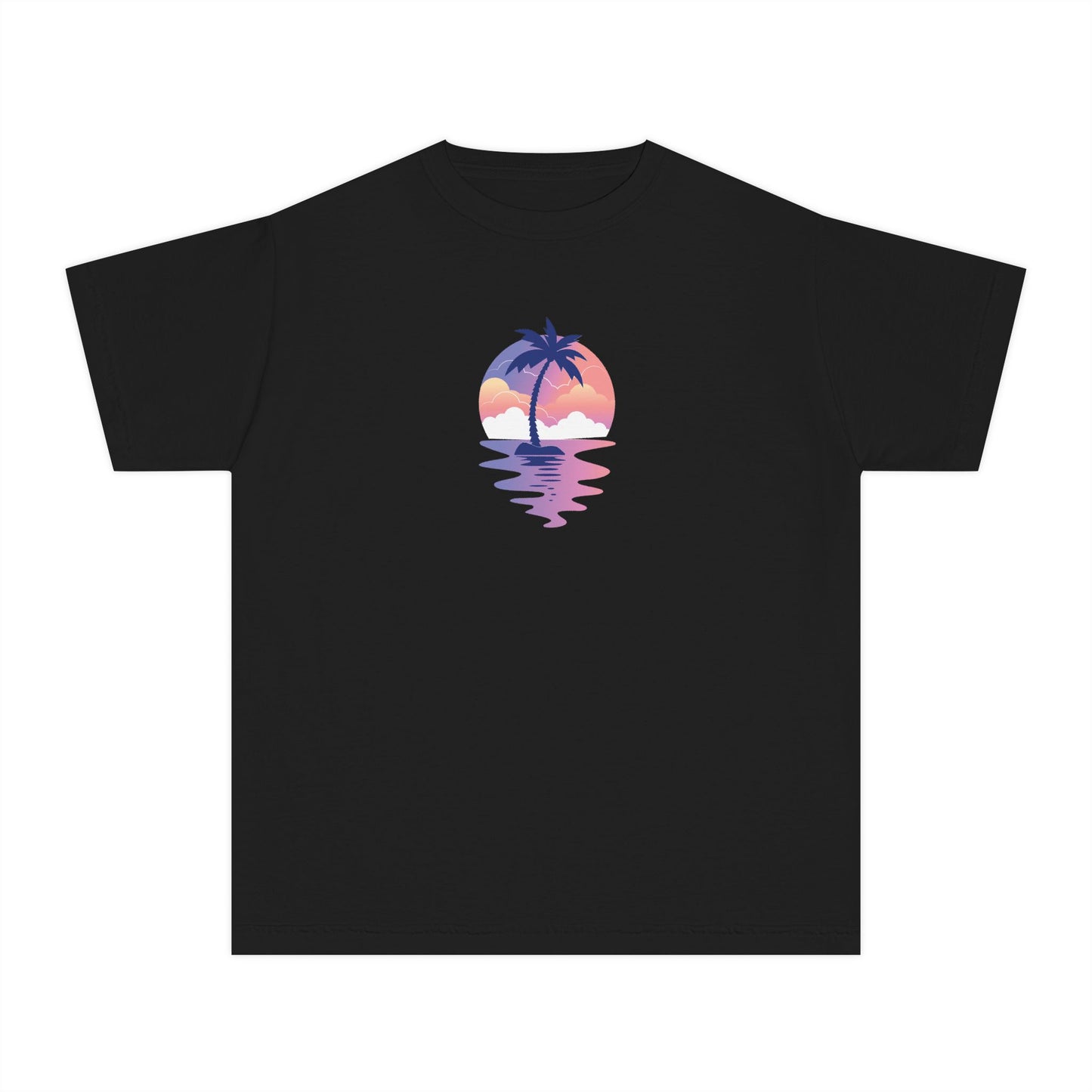 Girls’ black casual t-shirt with scenic sunset beach graphic – summer kids’ tee by Fibrio