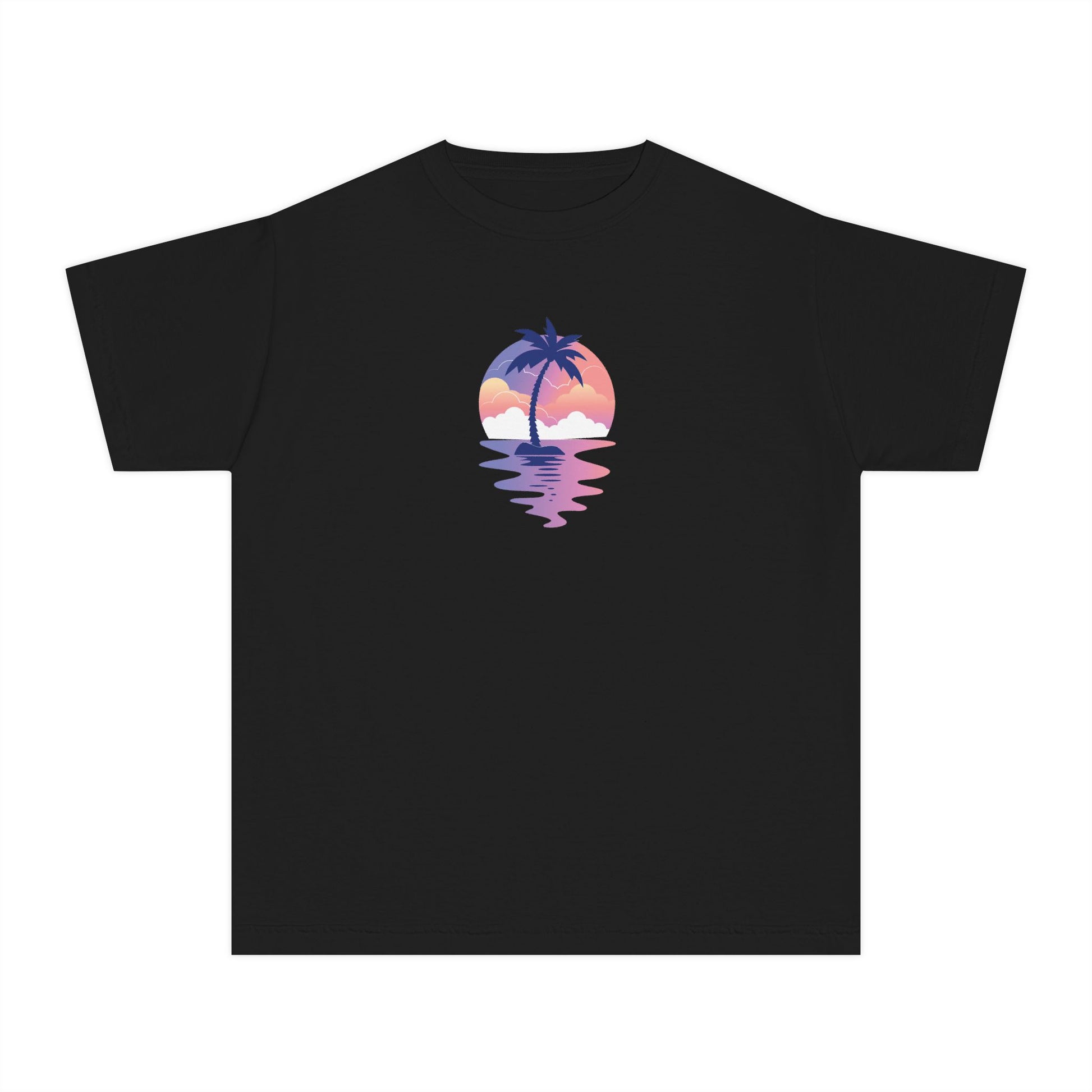 Girls’ black casual t-shirt with scenic sunset beach graphic – summer kids’ tee by Fibrio