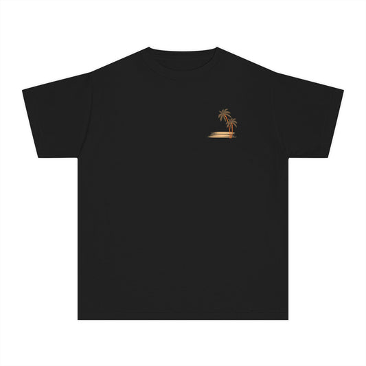Girls’ black casual t-shirt with minimal beach logo featuring a tree – simple kids’ tee by Fibrio