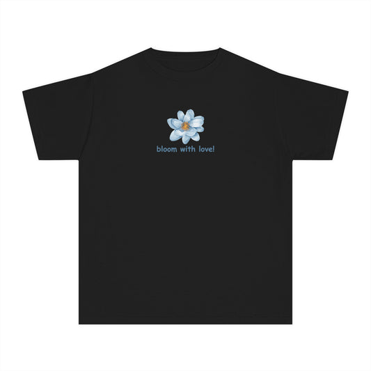 Girls’ black casual t-shirt with Bloom with Love text and vibrant flower graphic – playful kids’ tee by Fibrio