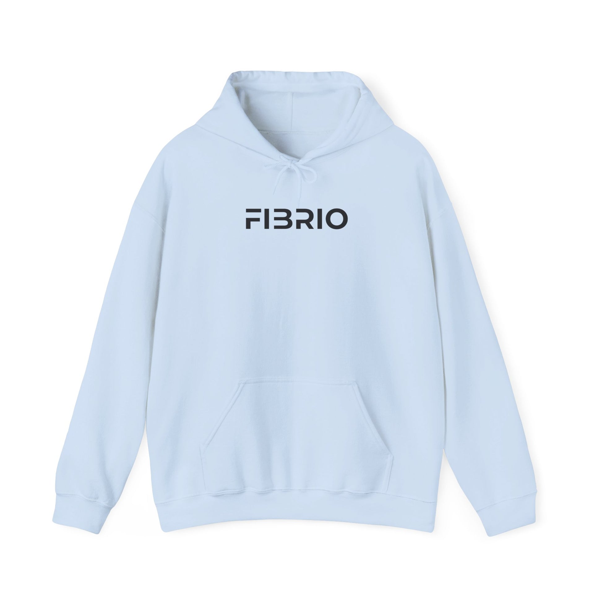 Light blue hoodie with 'FIBRIO' logo on a white background