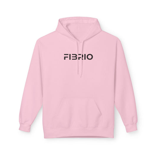 Pink hoodie with 'FIBRIO' logo on a white background