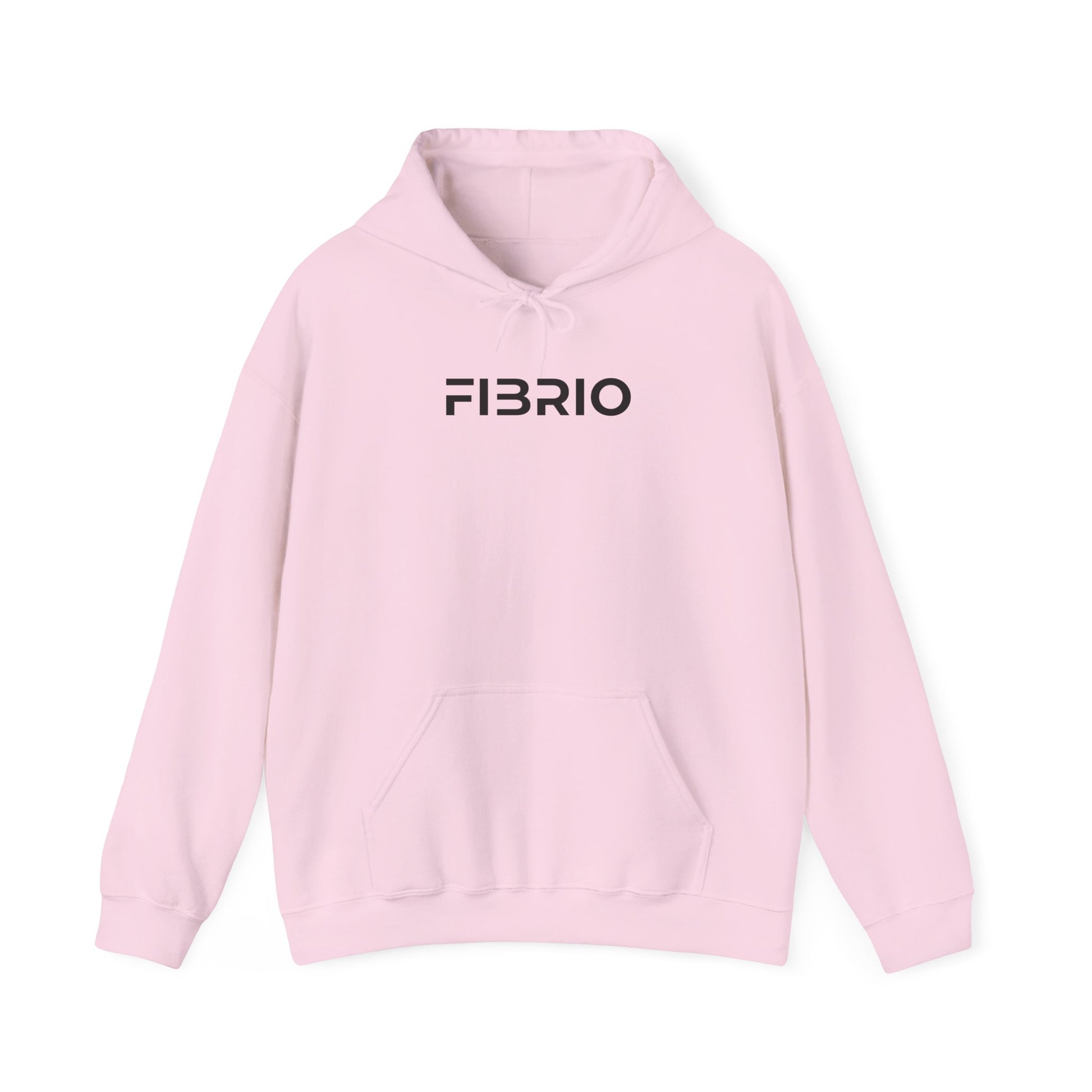 Pink hoodie with 'FIBRIO' logo on a white background