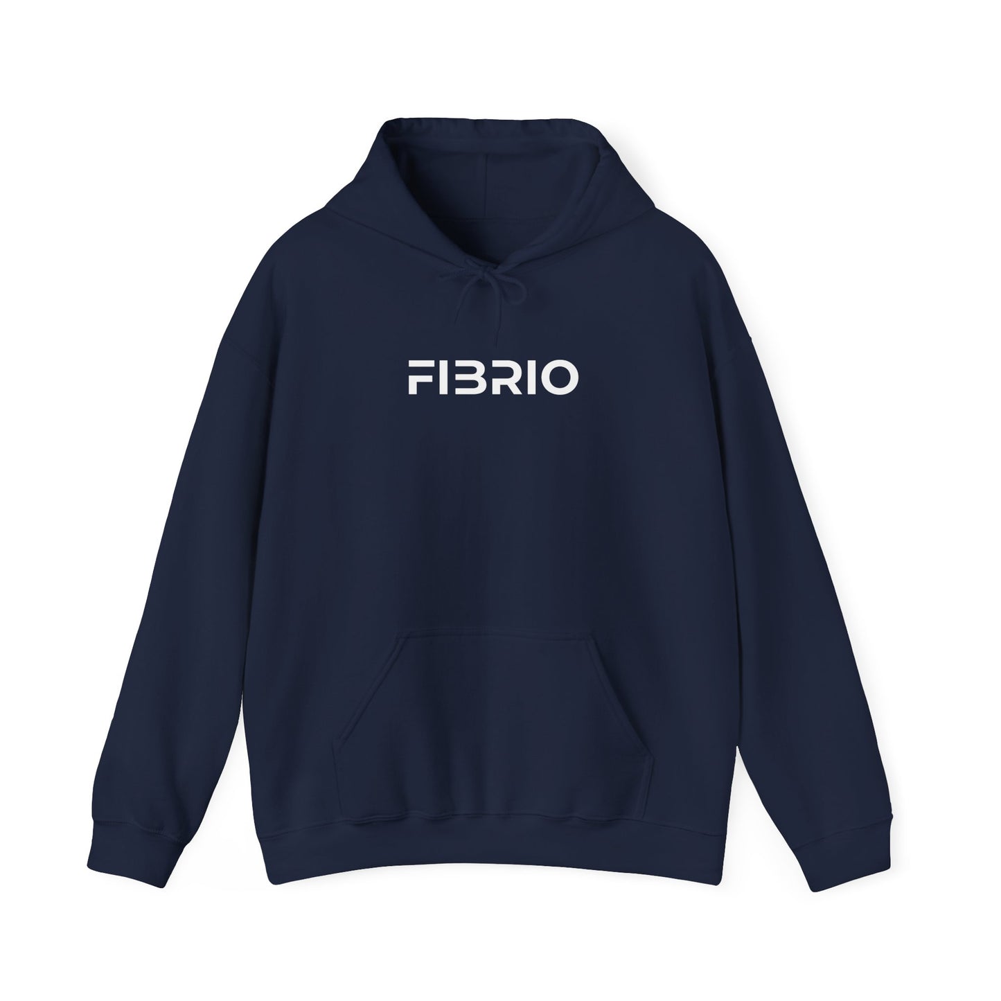 Navy blue hoodie with 'FIBRIO' logo on a white background