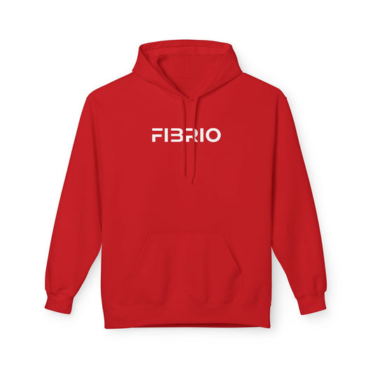 Red hoodie with 'FIBRIO' logo on a white background