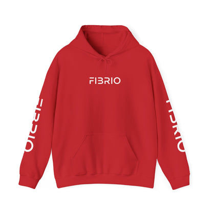 Red hoodie with 'FIBRIO' branding on a white background