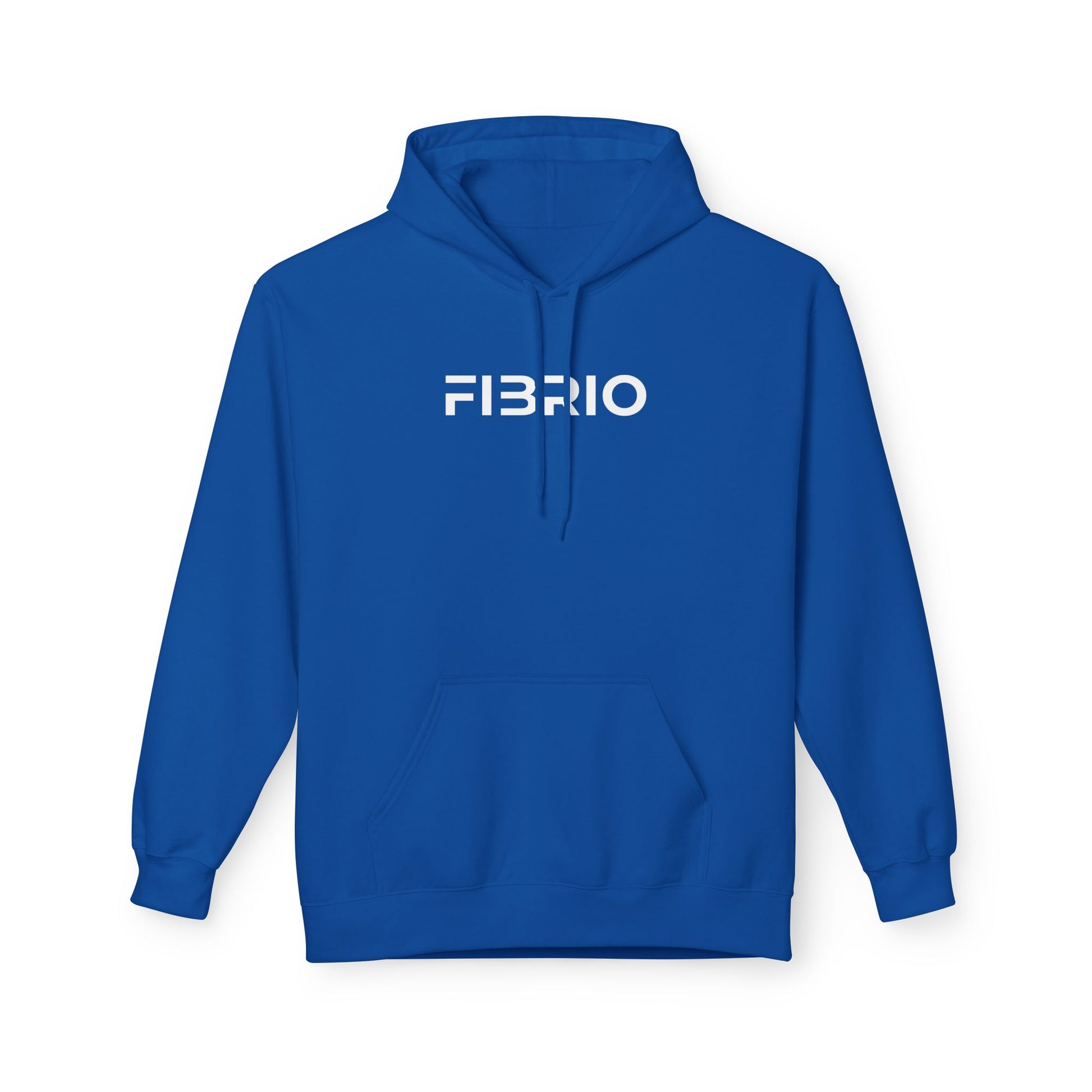 Blue hoodie with 'FIBRIO' logo on a white background
