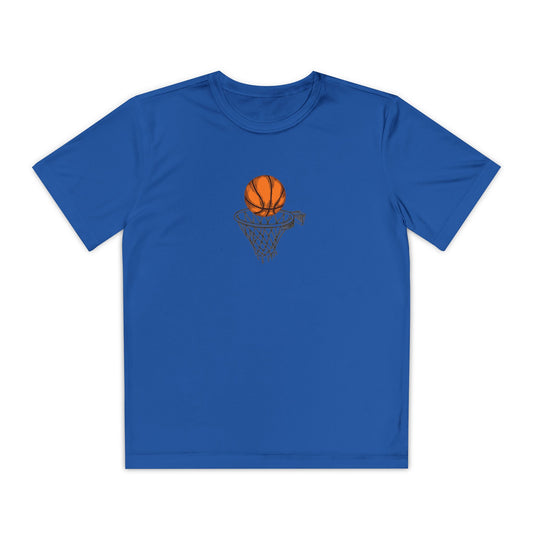 Boys’ ocean blue casual t-shirt with basketball hoop graphic and ball – sporty summer tee by Fibrio