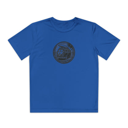 Boys’ ocean blue casual t-shirt with circular adventure van graphic – playful outdoor tee by Fibrio