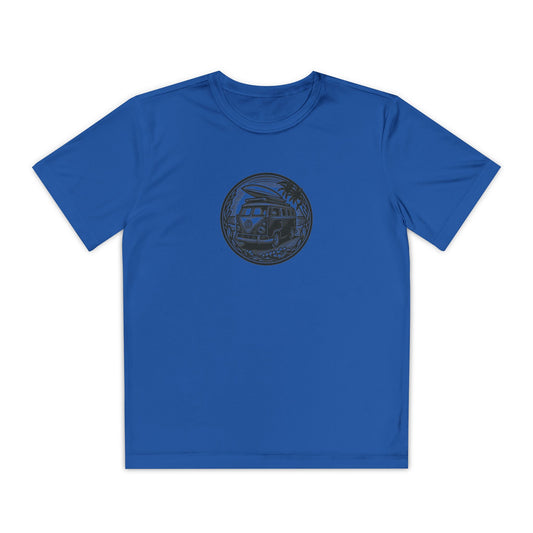 Boys’ ocean blue casual t-shirt with circular adventure van graphic – playful outdoor tee by Fibrio