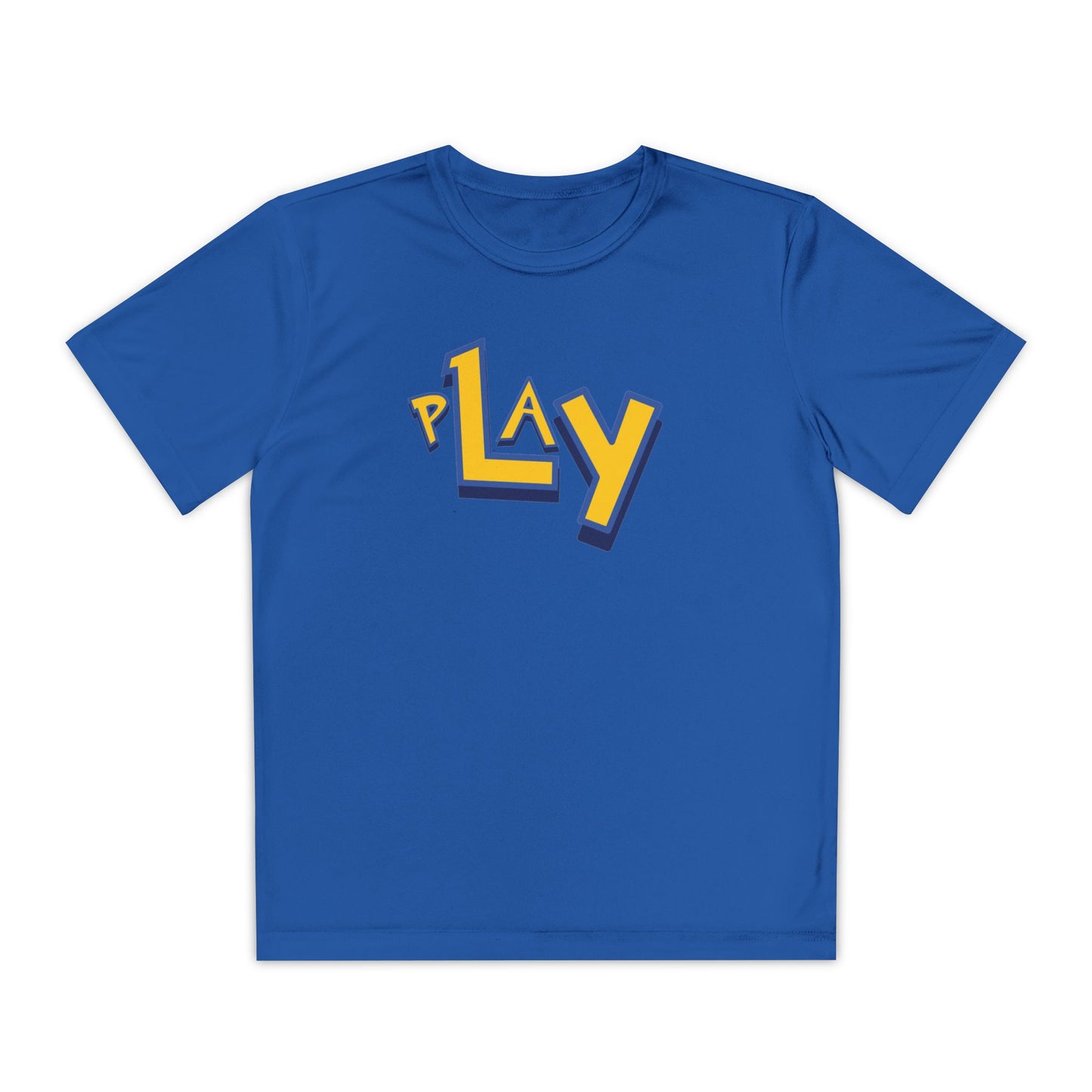 Blue t-shirt with 'PLAY' printed in yellow on a white background