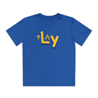 Blue t-shirt with 'PLAY' printed in yellow on a white background