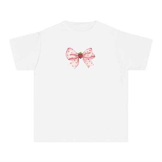 Girls’ white casual t-shirt with cute pink bow graphic – minimal kids’ tee by Fibrio