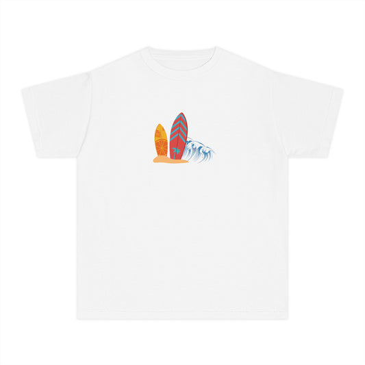 Front view of boys’ plain white casual t-shirt – soft cotton-blend beachwear tee by Fibrio
