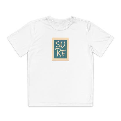 Boys’ white casual t-shirt with bold Surf text on the front – trendy summer tee by Fibrio