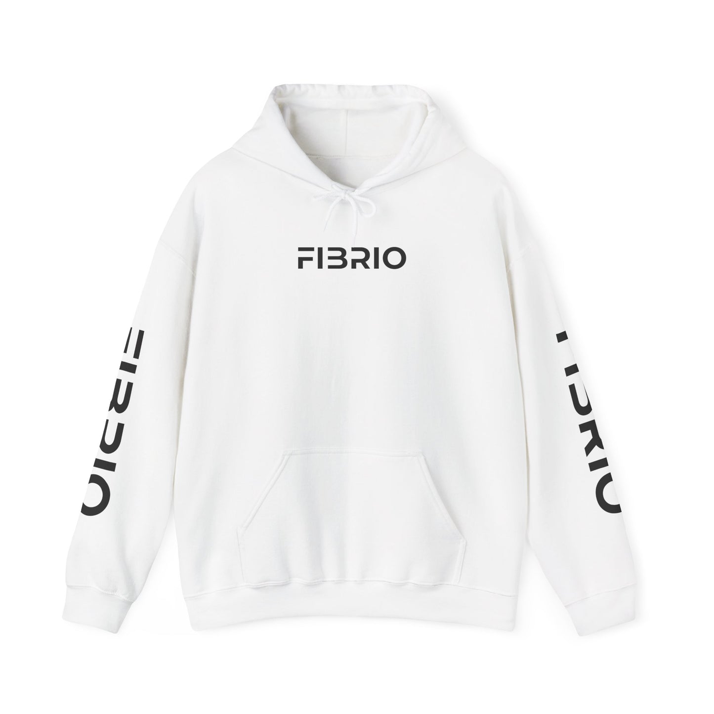 White hoodie with 'FIBRIO' branding on a white background