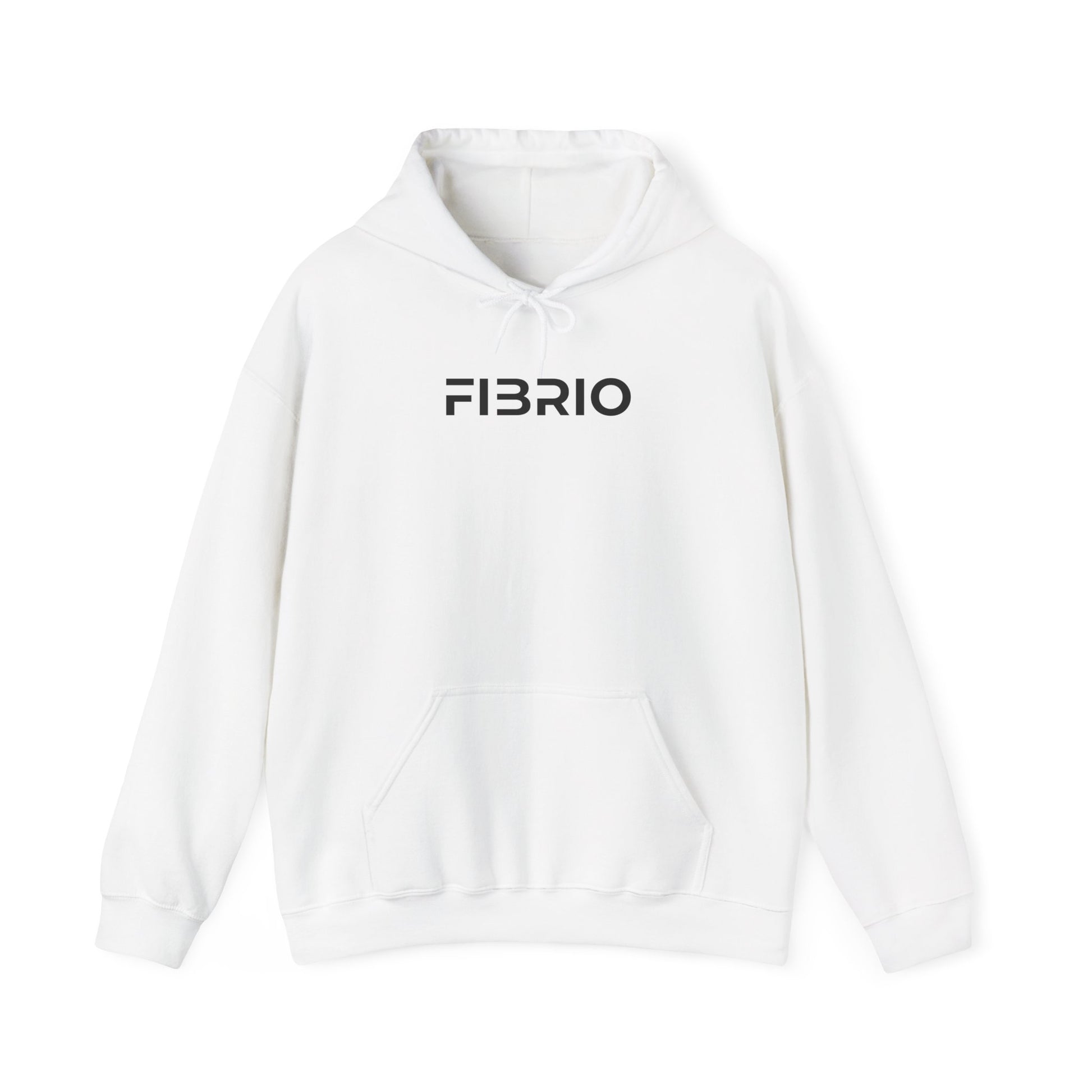 White hoodie with 'FIBRIO' logo on a white background