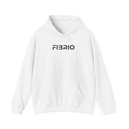 White hoodie with 'FIBRIO' logo on a white background