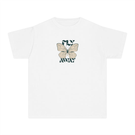 Girls’ white casual t-shirt with Fly Away text and butterfly graphic – playful kids’ tee by Fibrio