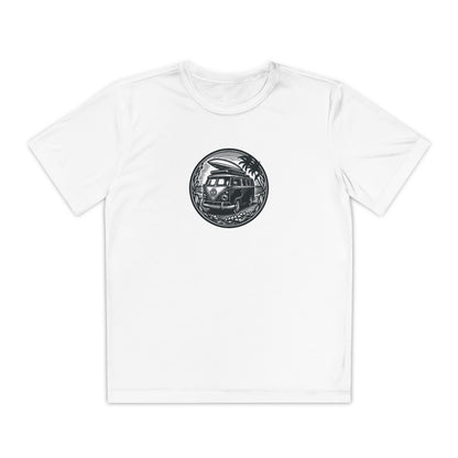 Boys’ white casual t-shirt with circular adventure van graphic – playful outdoor tee by Fibrio