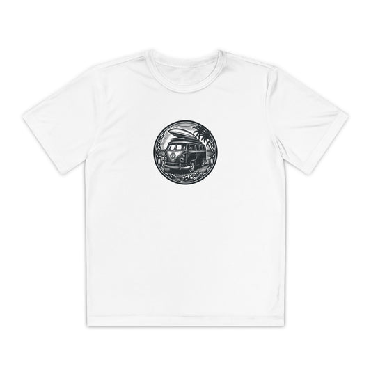 Boys’ white casual t-shirt with circular adventure van graphic – playful outdoor tee by Fibrio