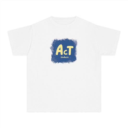 Girls’ white casual t-shirt with Act with Kindness text graphic – positive kids’ tee by Fibrio