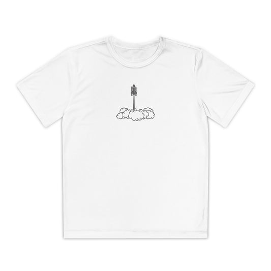 Boys’ white casual t-shirt with rocket launch graphic and smoke trail – playful space adventure tee by Fibrio