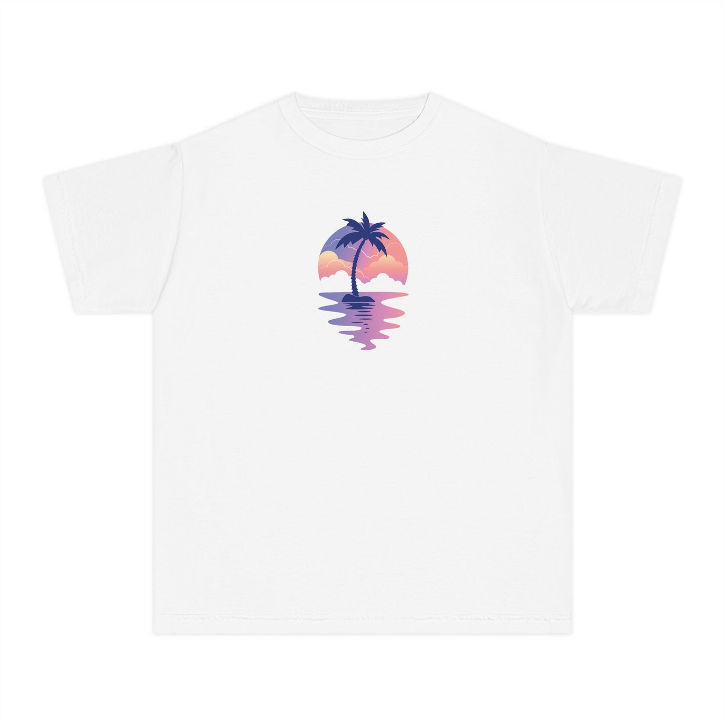 Girls’ white casual t-shirt with scenic sunset beach graphic – summer kids’ tee by Fibrio