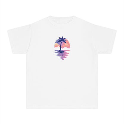 Girls’ white casual t-shirt with scenic sunset beach graphic – summer kids’ tee by Fibrio