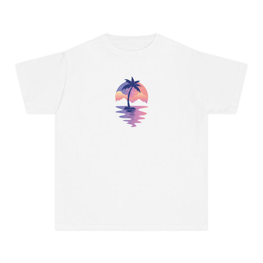 Girls’ white casual t-shirt with scenic sunset beach graphic – summer kids’ tee by Fibrio