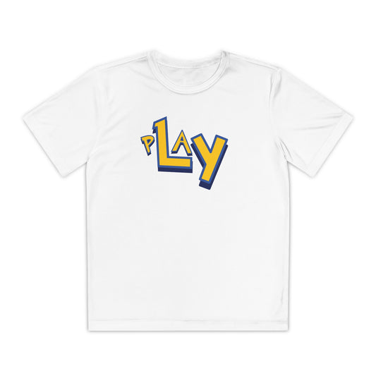 Boys’ white casual t-shirt with bold PLAY typography graphic – trendy everyday tee by Fibrio