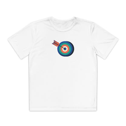 Front view of boys’ white t-shirt with colorful archery target graphic – sporty casual tee by Fibrio