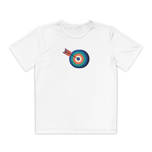 Front view of boys’ white t-shirt with colorful archery target graphic – sporty casual tee by Fibrio